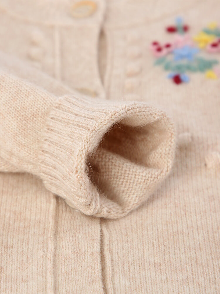 Girls Embroidered Floral Beige Cashmere Button-Front Cardigan